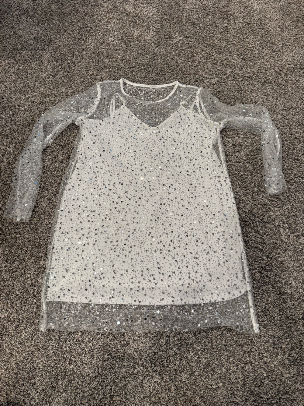 EMILIA White Silver Sequin Mesh Overlay Dress Womens 2XL Long Sleeve Party Dress